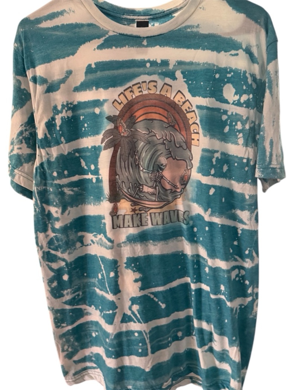Life's a Beach make waves teal & White Graphic Tee skeleton riding waves surf